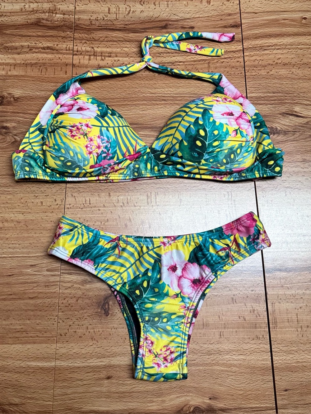 Women’s Tropical Yellow Floral Padded Bikini Set Swimwear